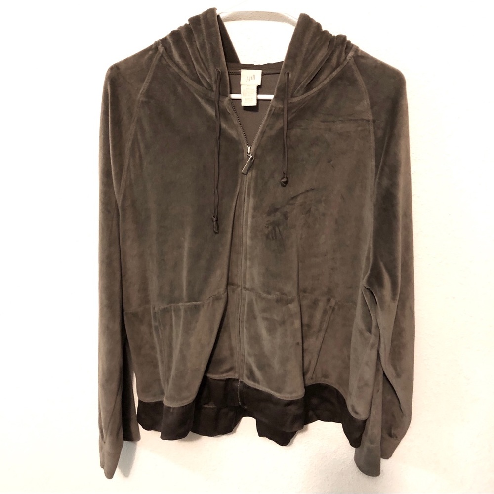 JJILL Velour Hooded Zip Front Jacket Brown XL